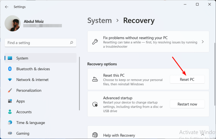 Clicking on "Reset PC" to proceed with resetting the PC