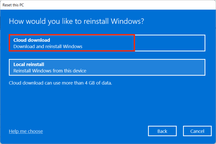 Selecting the option "Cloud download" to store files in the cloud before resetting the PC