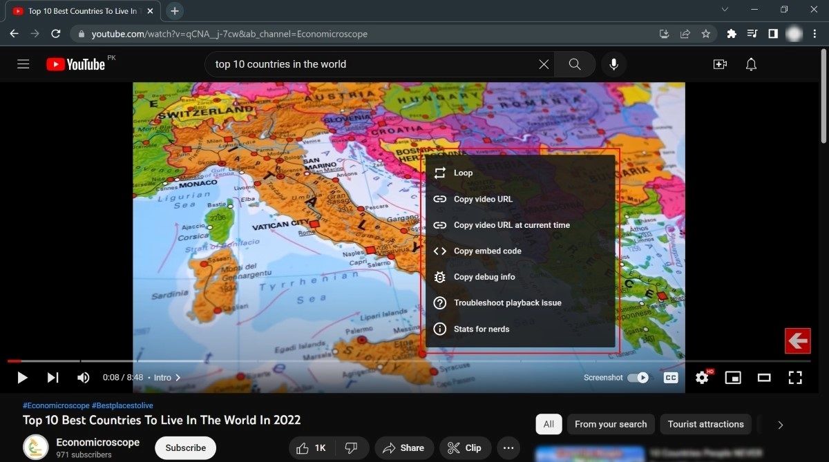 Right clicking YouTube video in browser.