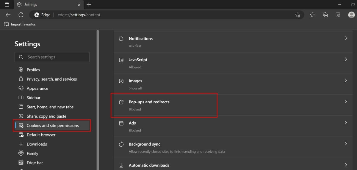 Click The Pop Ups And Redirects Option in Edge