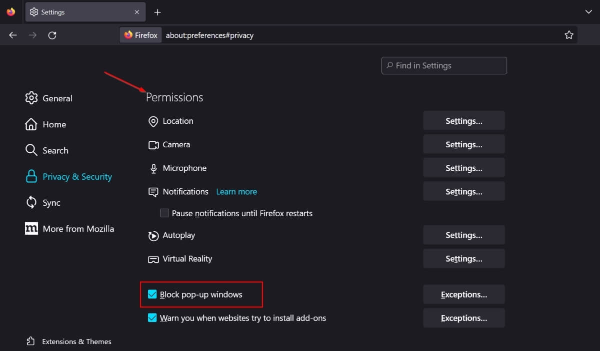 Uncheck Block Pop Up Windows in Firefox