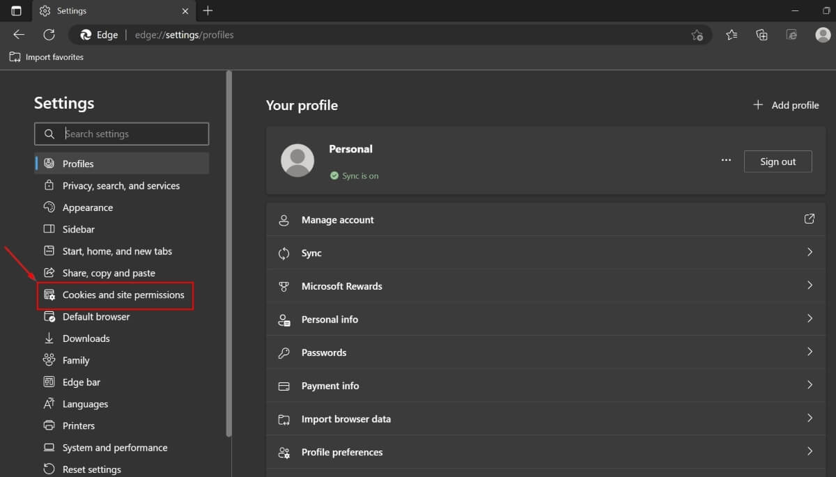 Select Cookies And Site Permissions on Edge