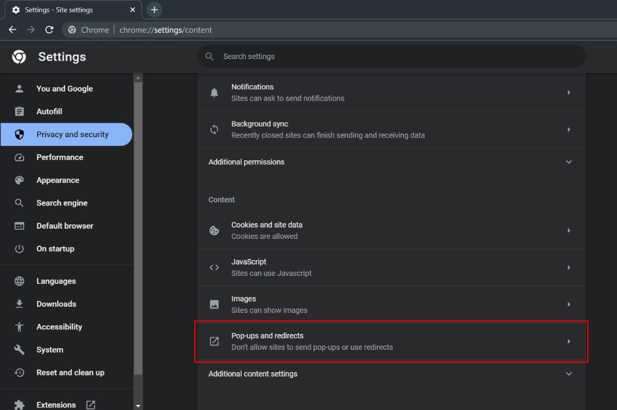 Select Pop Ups And Redirects in Chrome