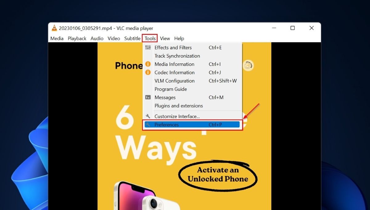Clicking Tools and then selecting "Preferences" in VLC.