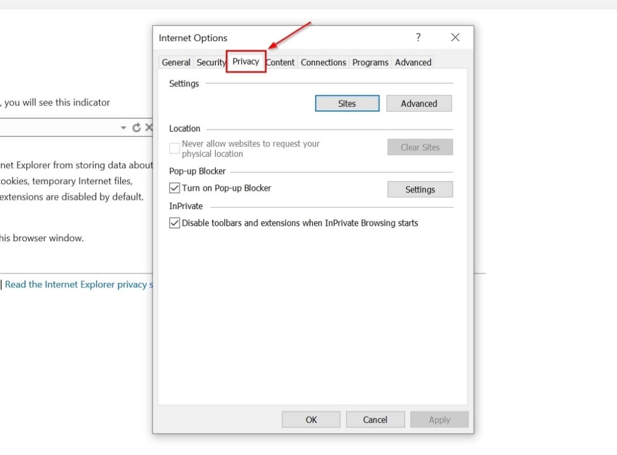 Select Privacy In The Internet Options Window