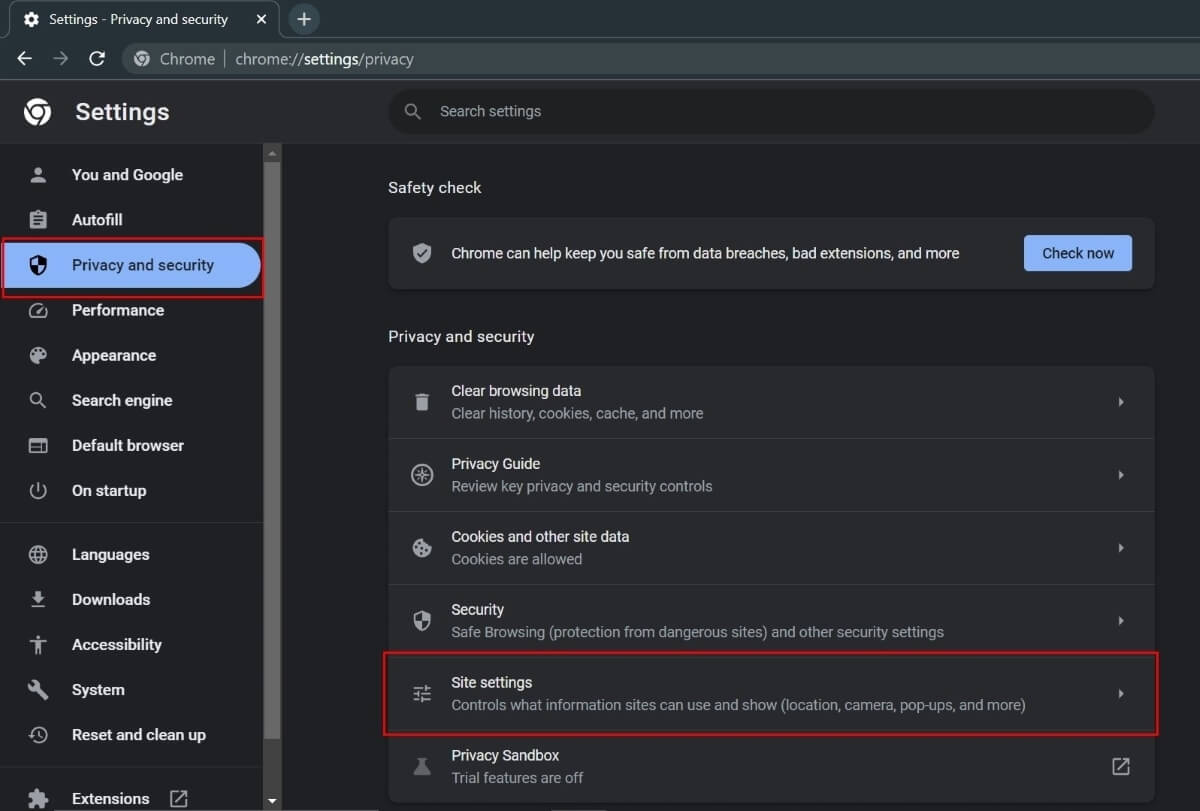 Select Site Settings Under Privacy And Security in Chrome