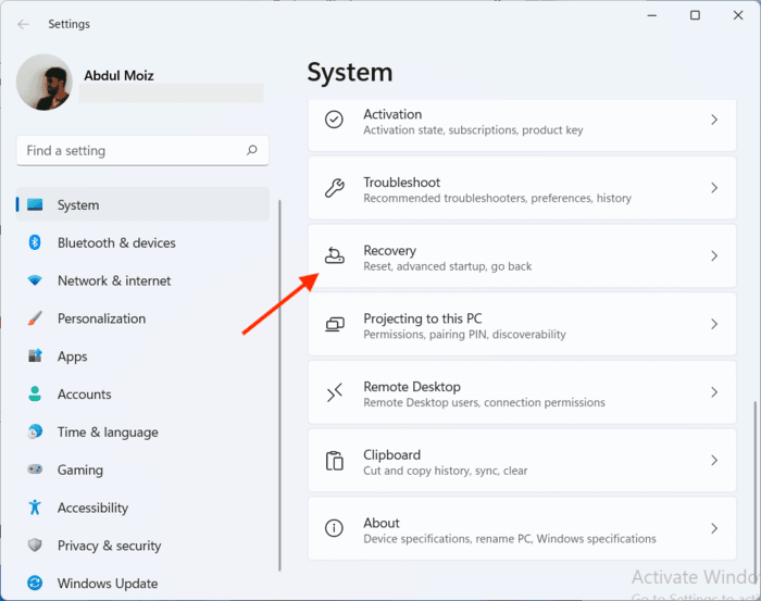 Navigating to the sub-menu called "Recovery" under Settings