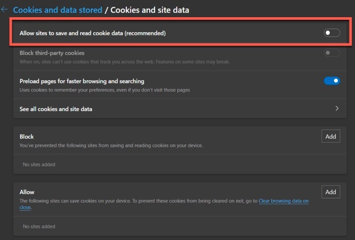Toggle Off Cookies From Edge