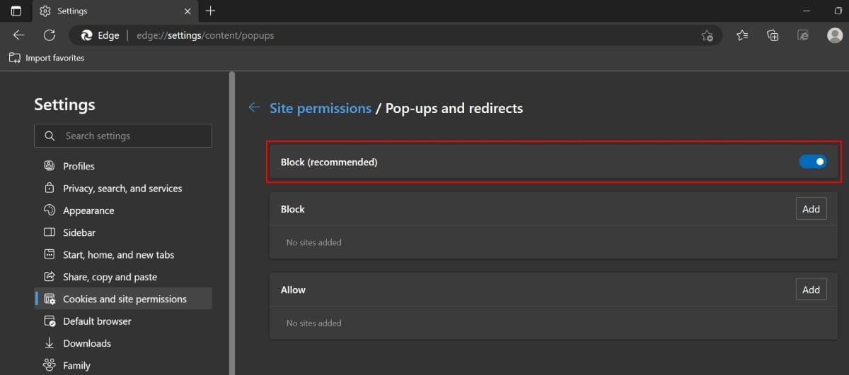 Toggle On The Block Recommended Option in Edge