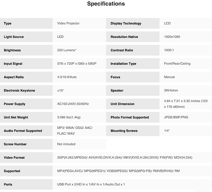 Vankyo 495w Projector Specifications