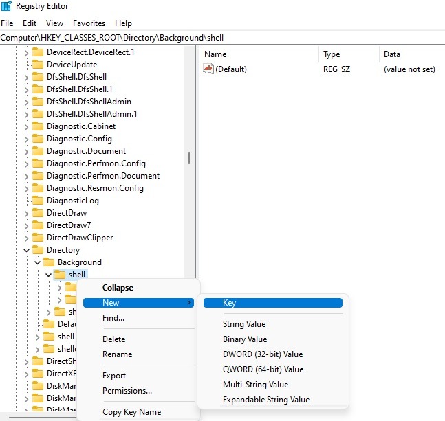 Creating a new key in the Shell folder in the Registry Editor.