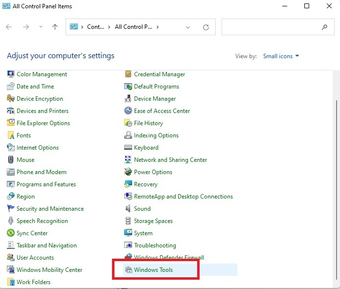 Choosing Windows Tools in Control Panel.
