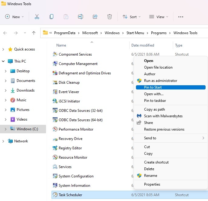 Pinning the Windows Task Scheduler from the Administrative Tools folder. 