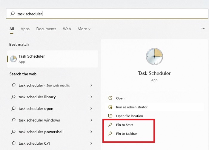 Pinning the Task Scheduler shortcut to the Start menu or Taskbar.