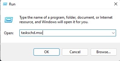 Entering the Task Scheduler command in the Run dialog.