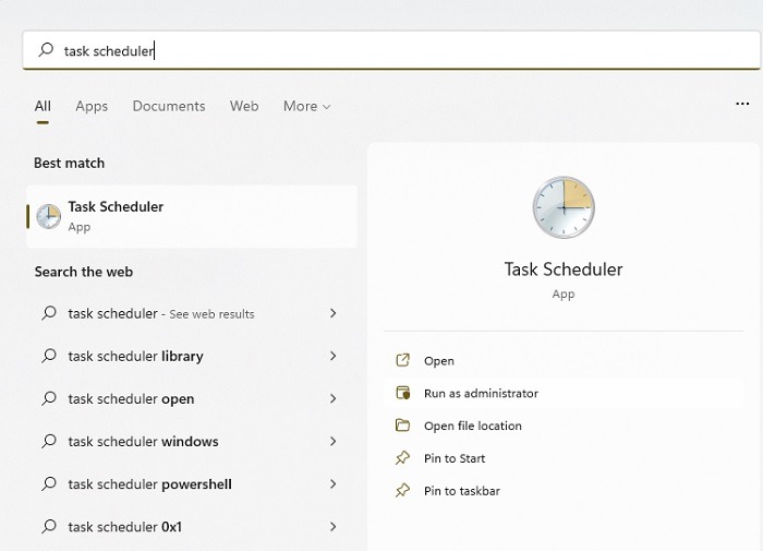 Finding Windows Task Scheduler using the search feature in the Start menu.