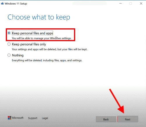Selecting the option "Keep personal files and apps" before reinstalling Windows 11