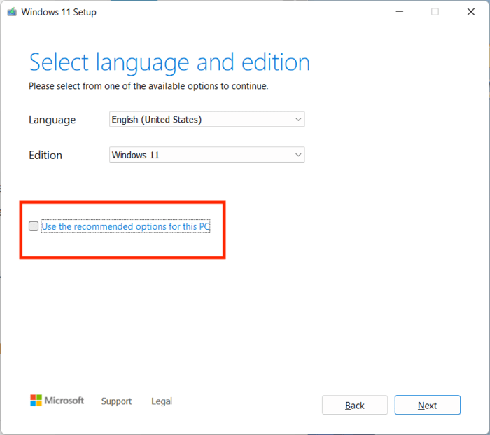 Select or unselect the "Use the recommended options for this PC"