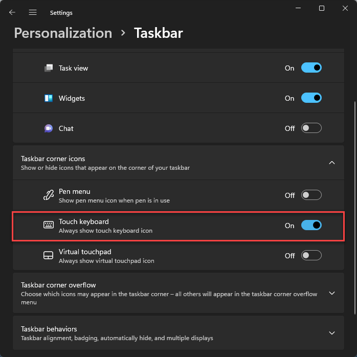 Windows 11 Touch Keyboard Personalization Taskbar Touch Keyboard Enable