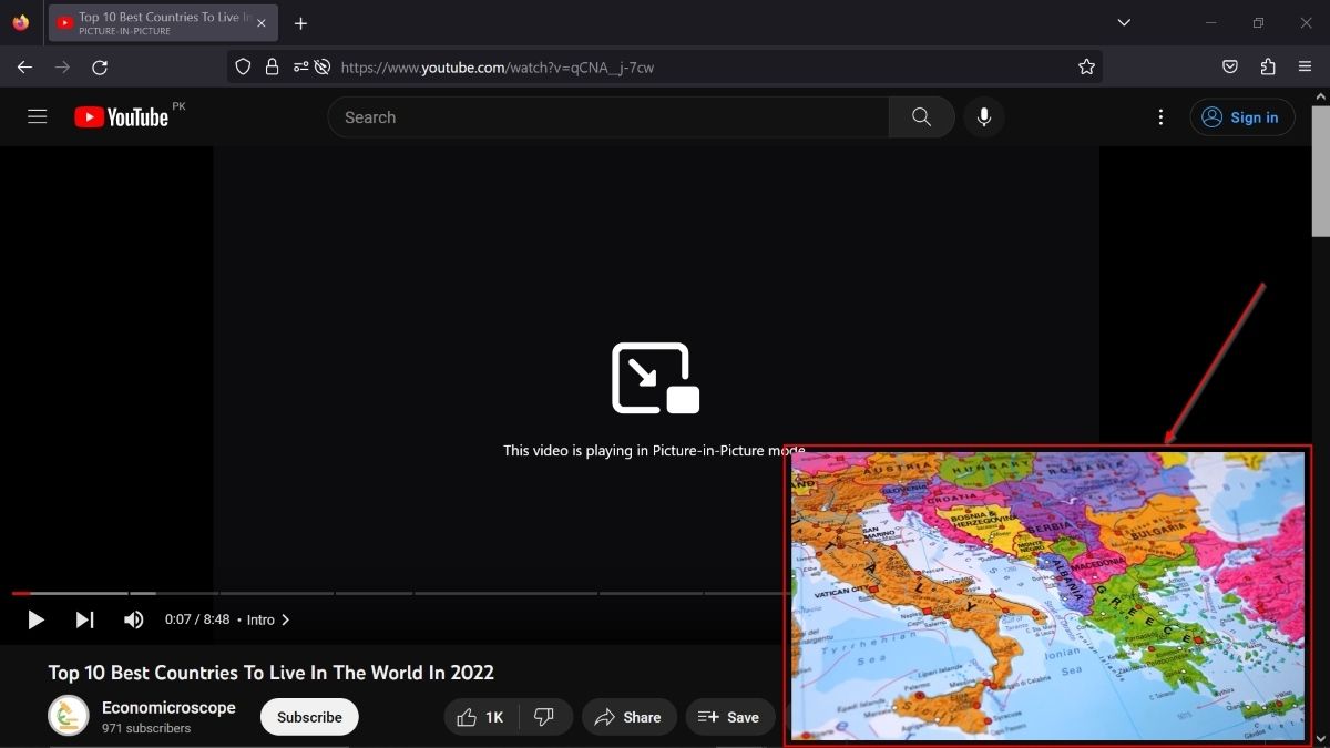Video playing in PiP mode in Firefox.