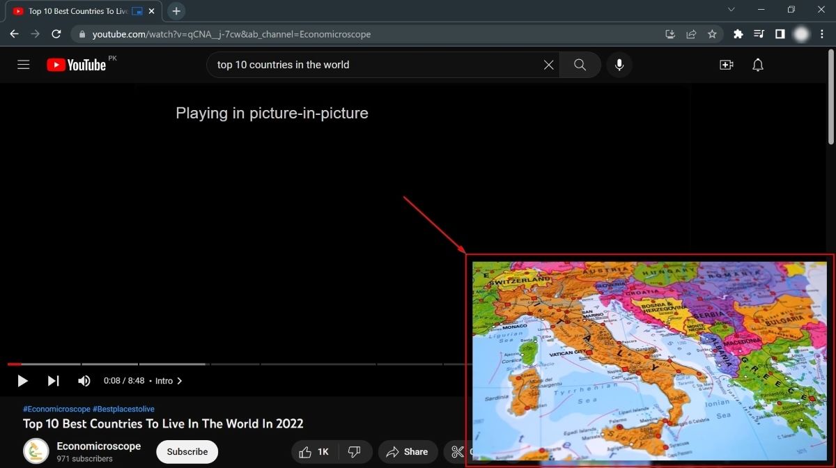 Mini video window in YouTube in browser.