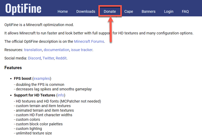 How To Get The Optifine Cape In Minecraft Click On Donate