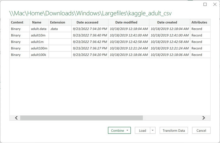 Large Files Excel Get Data Folder View