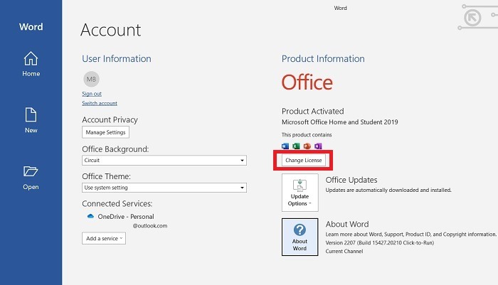 Office License Problem Word Account Information Page Change License