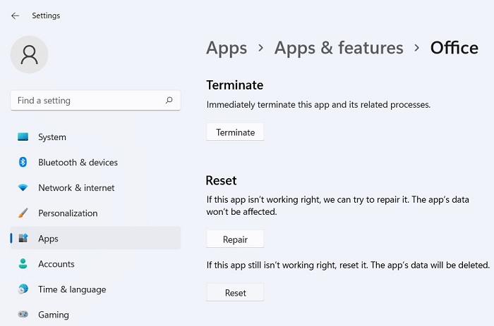 Office License Problems Advanced Options Reset App