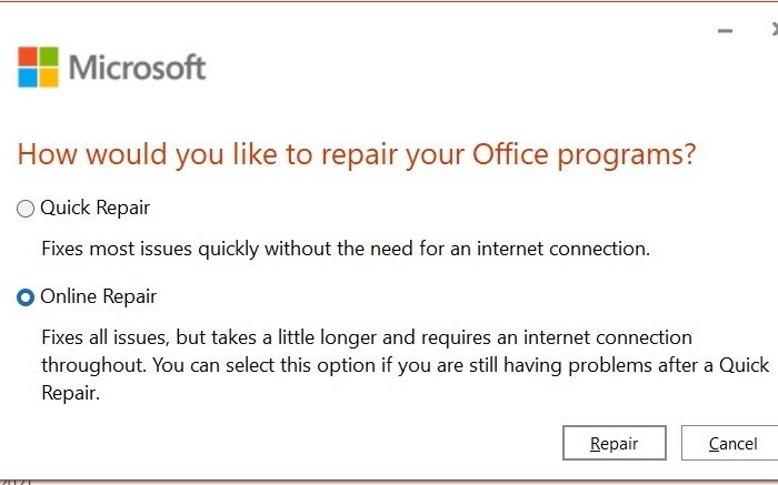 Office License Problems Microsoft Office Modify Online Repair 1