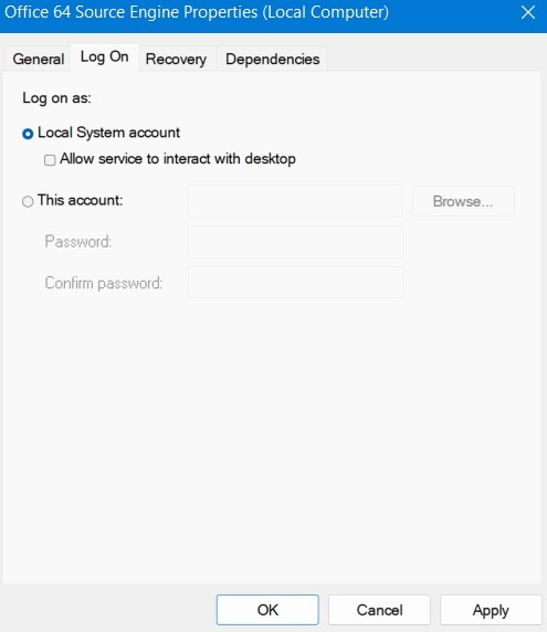 Office License Problems Office 64 Source Engine Log On Local System Account