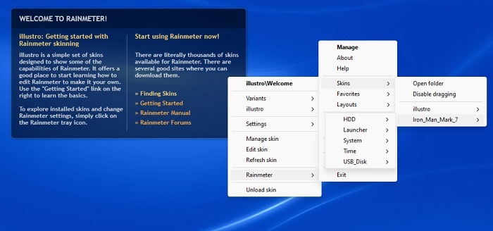Viewing newly installed skins on Rainmeter's default home splash screen. 