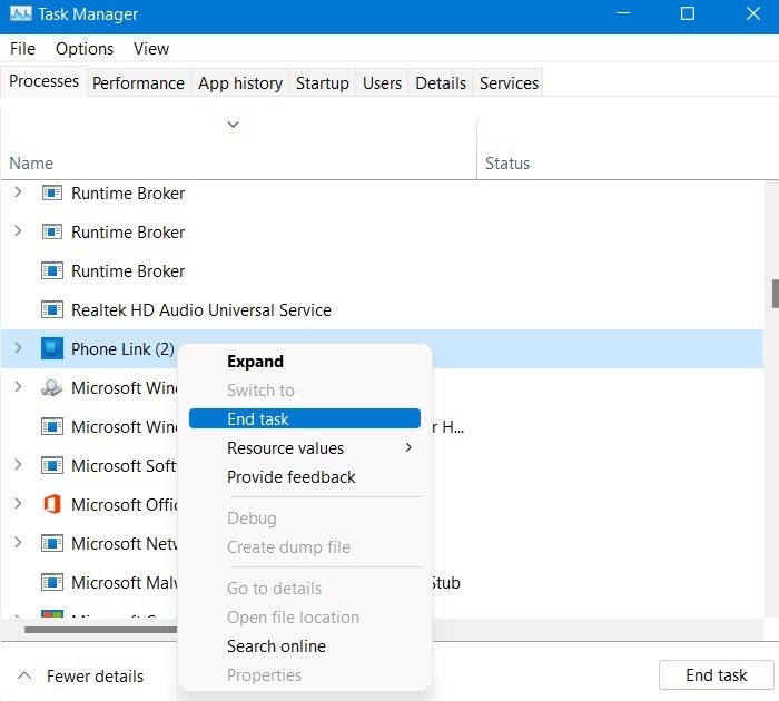 Too Many Background Process Task Manager End Task Phone Link