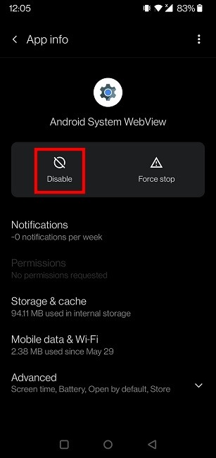 Android System Webview Disable Option