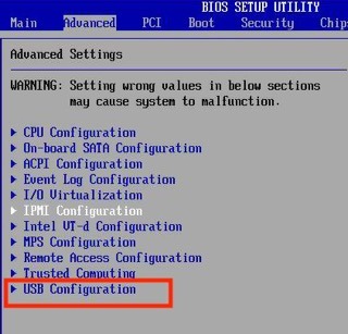 Opening USB configuration in BIOS
