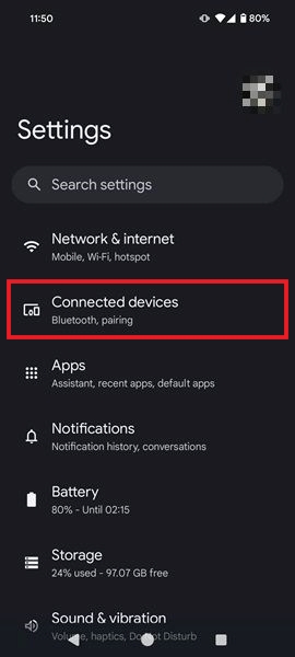 Tapping on "Connected devices" in Android Settings app.