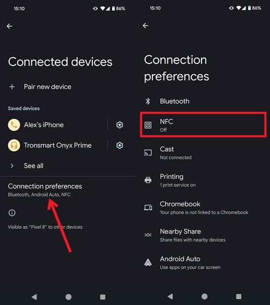 Clicking on "Connection preferences" in Android Settings.