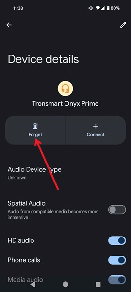 Selecting "Forget" option for connected device in Android Settings. 