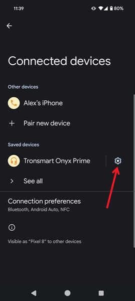 Tapping gear icon next to connected device in Android Settings.