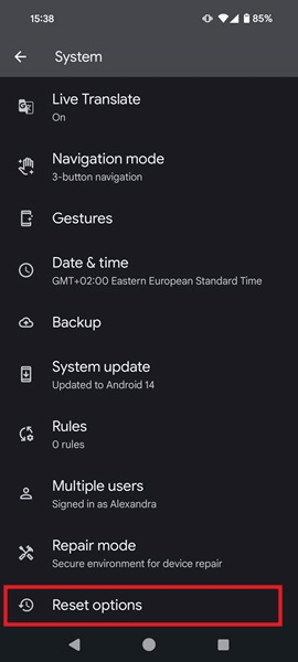 Tapping "Reset options" in Android System Settings.