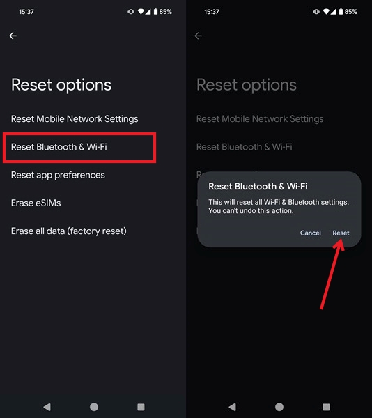 Resetting Bluetooth and Wi-Fi settings on Android.