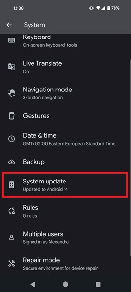 Tapping on "System update" option to check for new Android updates.