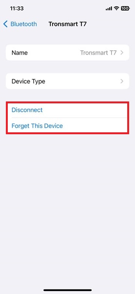 Options to Disconnect or "Forget This Device" on iPhone. 