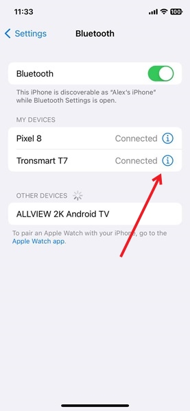 List of connected devices on iPhone.