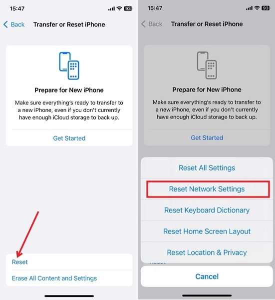 Selecting option to "Reset Network Settings" on iPhone. 