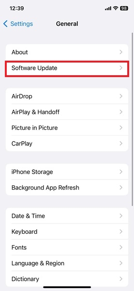 Tapping on "Software update" option to check for new iOS updates.