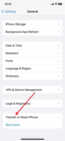 Clicking on "Transfer or Reset iPhone" button in iOS Settings.