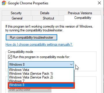 Selecting the previous version of the OS to run the browser in compatibility mode