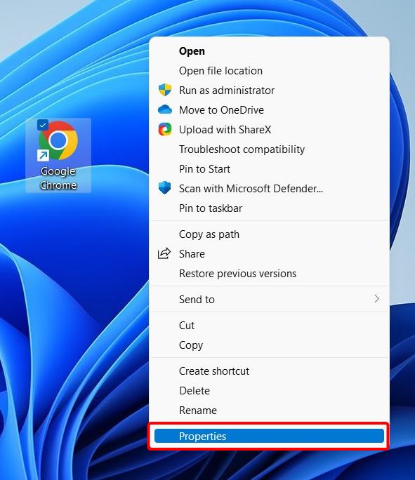 Opening the properties of Google browser