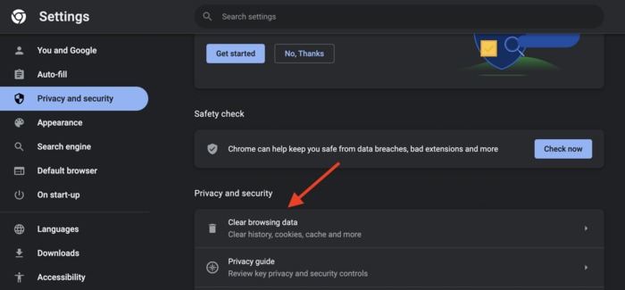 Clearing browsing data of chrome